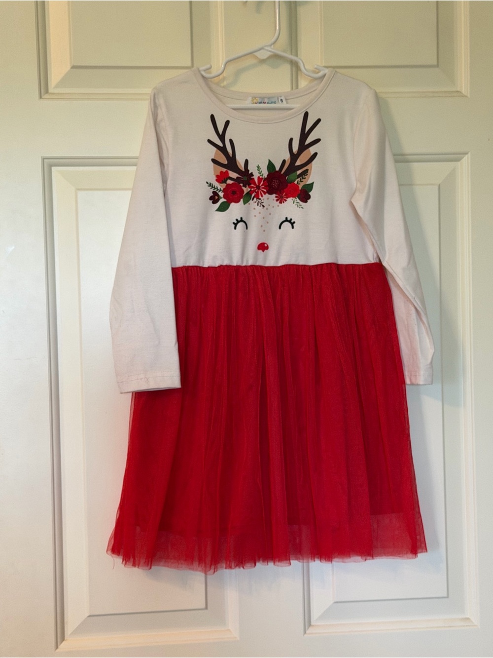Girls' Red Tulle Holiday Dress with Reindeer Floral Motif